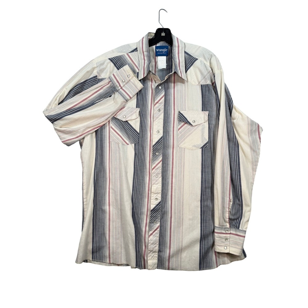 VTG Wrangler Western Pearl Snap Shirt Striped Red Cream Blue 2XL Yoke Americana - Picture 12 of 16